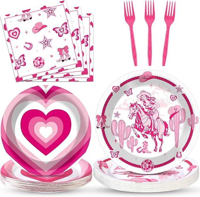 96Pcs Cowgirl Birthday Party Supplies Pink Club Paper Plates and Napkins Pink Western Cowgirl Pony Disco Disposable Tableware Set for Bachelorette Party Baby Shower Serve 24
