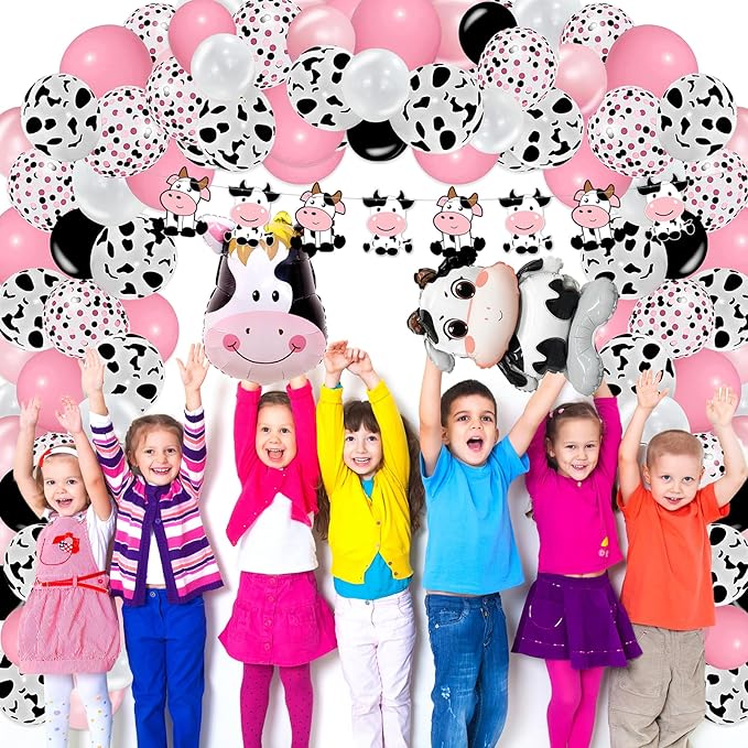 Bluegogo 120PCS Cow Birthday Party Decorations, Cow Print Birthday Decorations Include Pink Cow Balloon Garland Arch Tablecloth Banner Toppers Balloons for Cow Themed Birthday Party Supplies