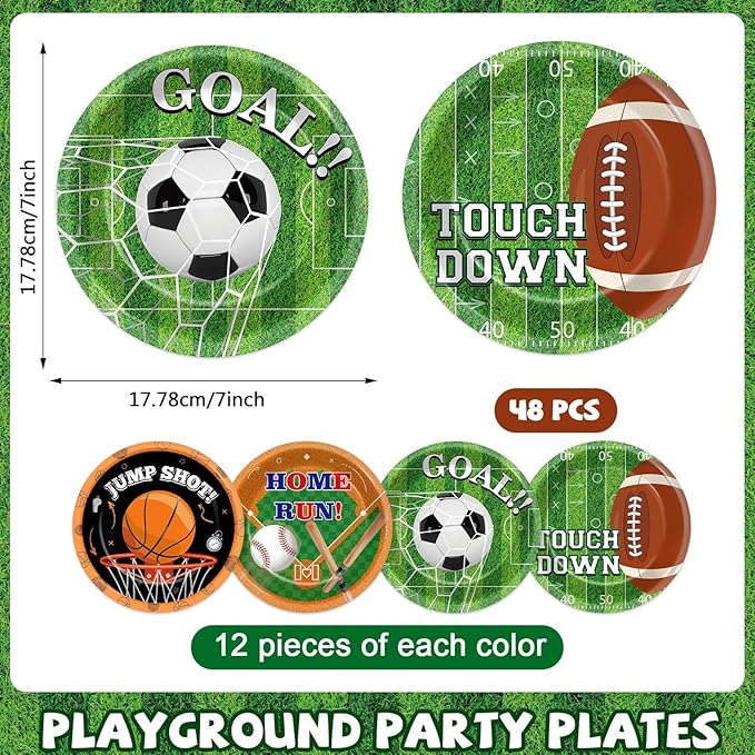 CHUNNIN 48Pcs Sports Birthday Party Paper Plates Sports Themed Party Supplies 7" Football Basketball Soccer Baseball Birthday Disposable Plates for Kids court Baby Shower Decorations