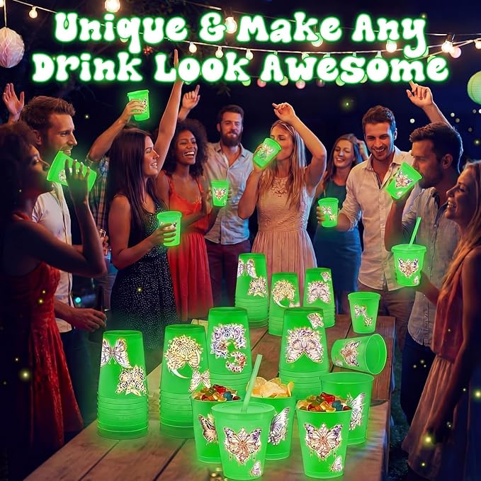 24 Pcs Butterfly Pattern Cups Glow in the Dark Cups 12 oz Plastic Frosted Cup with Lid and Straw Reusable Bulk Green Tumbler for Summer Birthday Party Decoration Baby Shower Party Supplies