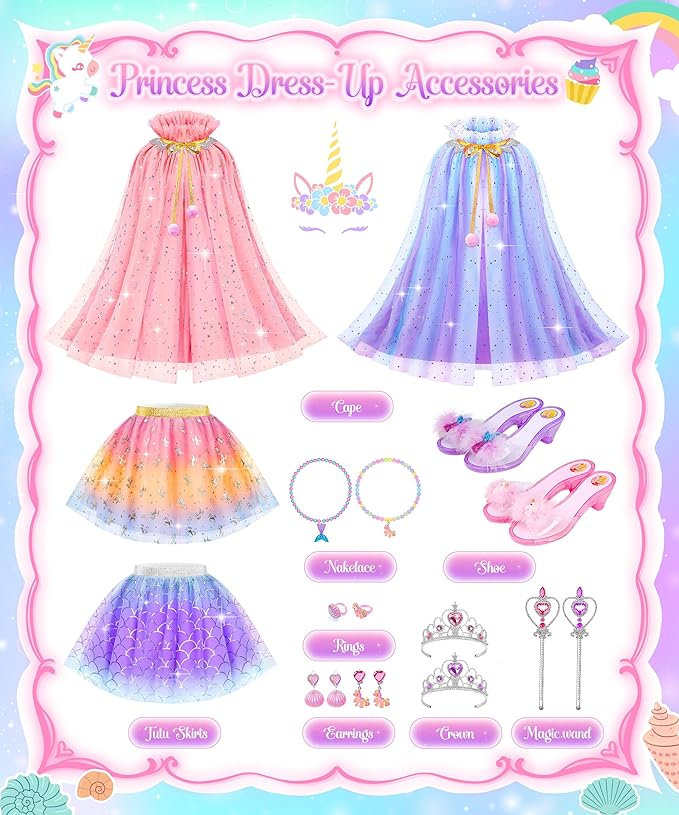 Princess Dress Up Toys Jewelry Boutique, Girls Dress Up Shoes Role Play Gifts, Pretend Play Clothes Accessories With Princess Mermaid Theme Costumes Birthday Party Favors For Little Girls Aged 3 4 5 6