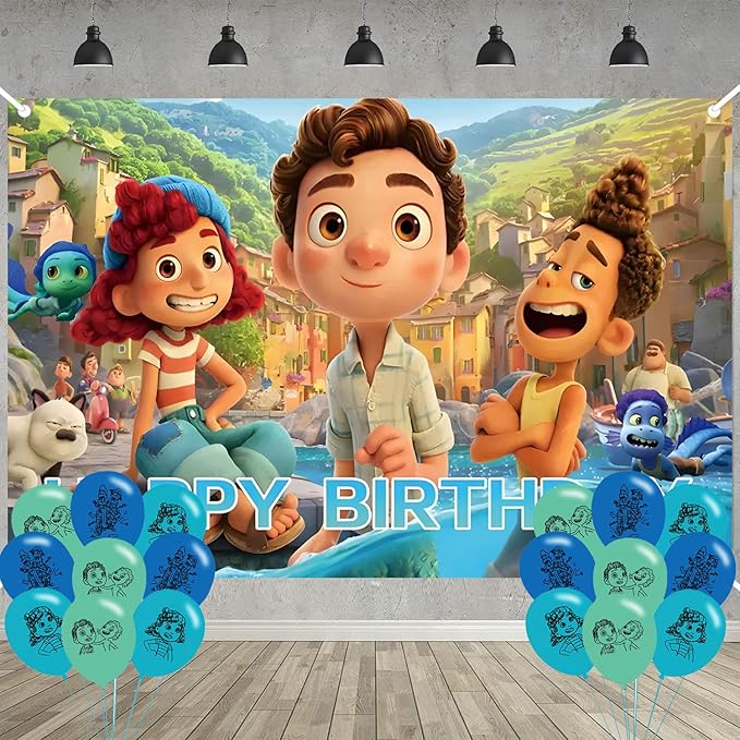 Luca Birthday Party Decoration,Cartoon Party Photo Background 5 x 3 FT and 18 Pcs Balloon,Merch Party Backdrop Supplies