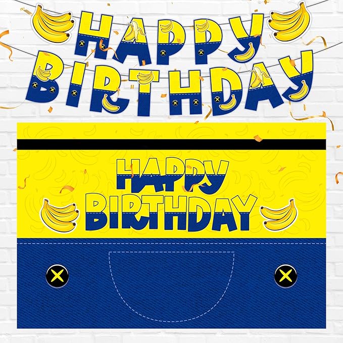 Yellow Cartoon Birthday Party Supplies, Yellow Jeans Cartoon Theme Party Decorations Including Birthday Banner, Backdrop, Balloons, Cupcake Toppers