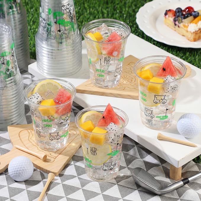 Qinyoung 50 Pcs Golf Party Supplies Bulk Clear Plastic Cups 12oz Disposable Let's Par-tee for Home Sports Golf Ball Themed Birthday Bachelor Party Supplies Favors (Black,White,Green)