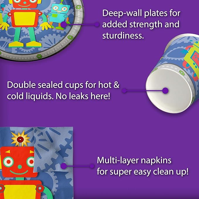 Robot Birthday Party Supplies Set Plates Napkins Cups Tableware Kit for 16