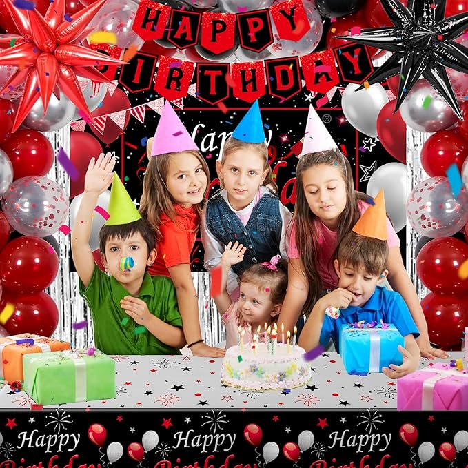 Red Black Birthday Decorations for Men Women Boys Girls, Red and Black Birthday Party Decorations with Happy Birthday Backdrop Banner Tablecloth Foil Curtain Star Balloon Arch, Red Party Supplies