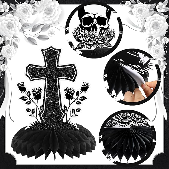 12 Pcs Halloween Death to My 20s Decorations 30th Birthday Party Decoration Rip 20s Black Gothic Honeycomb Centerpieces Funeral for My Youth Table Decoration Table Topper for Party Favors Supplies