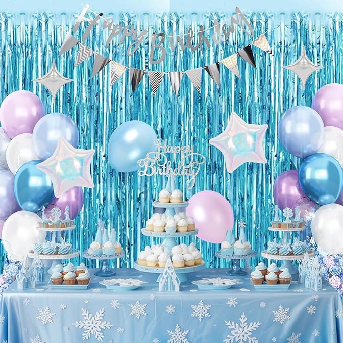 Snow Birthday Decorations for Girl, Blue Purple White Balloons with Happy Birthday Banner Fringe Curtain Iridescent and Silver Star Foil Balloons for Baby Shower Girls Theme Party Supplies