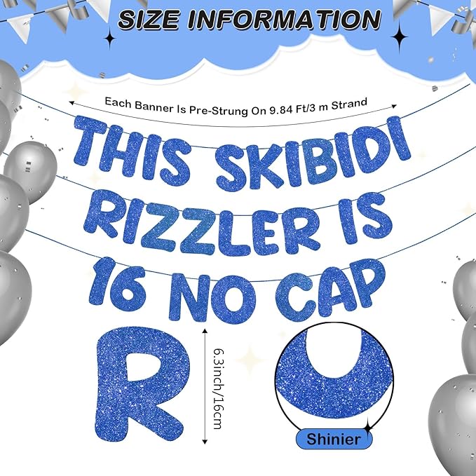 Fulmoon Pre Strung This Skibidi Rizzler Is 16 No Cap Glitter Banner 16th Birthday Party Decorations, Funny Birthday Sign, Party Supplies, Ideas, Gifts, Dark Blue