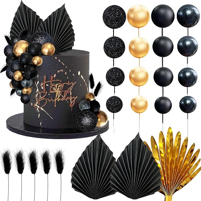 38 PCS Balls Cake Toppers Palm Leaves Cake Decorations for Birthday Wedding Baby Shower Party Supplies (Black)