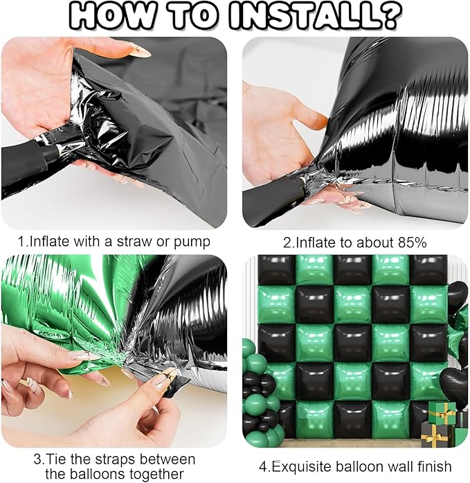 Black Green Square Foil Balloon Wall,25Pcs Double Sided Foil Balloons Backdrop Helium Tunnel Arch Garland Kit for Birthday Gradution Anniversary Baby Shower Party Decorations
