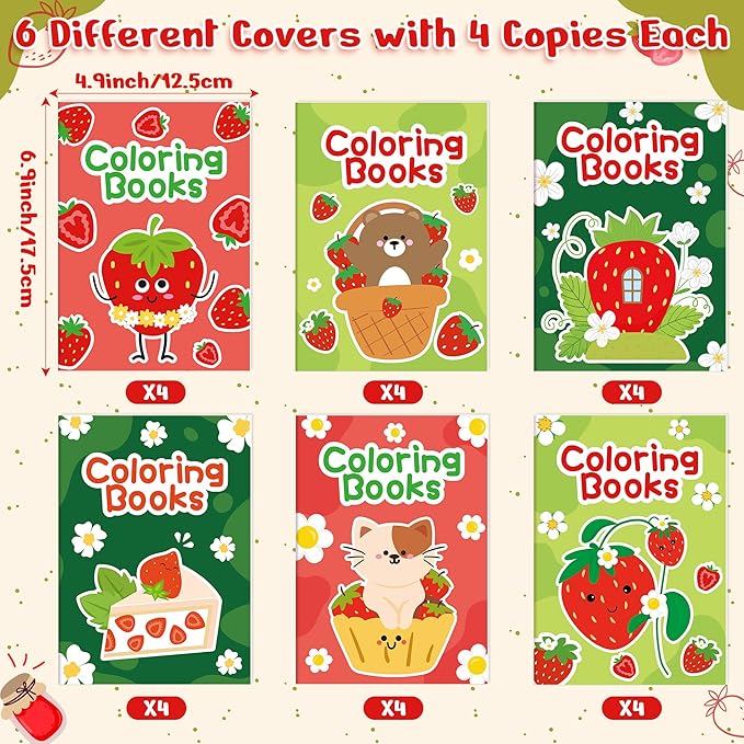 Strawberry Coloring Books for Kids - 24Pcs Bulk Strawberry Mini Coloring Booklet Fruit Theme DIY Art Drawing Book for Toddlers Summer Holiday Party Goodie Bags Stuffers School Classroom Favors