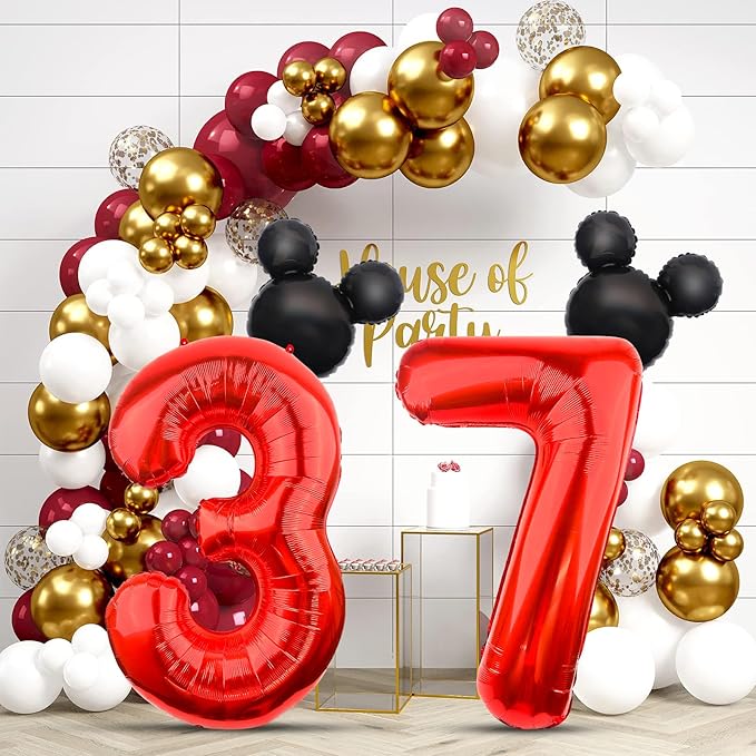 Mouse Number 7 Balloon 40 Inch Red Number 7 Balloon Mini Mouse Head Balloon for 7th Birthday Party, Black Red Large Number 7 Foil Balloon for Baby Shower Anniversary Supplies Decorations