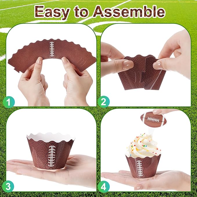 Nuenen 96 Pcs Football Cupcake Toppers and Wrappers Set Football Theme Cupcakes Decorations Sports Game Day Themed Cake Holders and Picks for Birthday Sport Party Decorations Supplies (Classic)