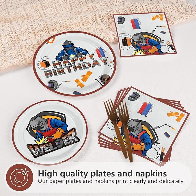 96 Pcs Electric Welding Birthday Party Decorations Welder Happy Birthday Plates and Napkins Disposable Electrician Theme Tableware for Welding Workers Repairman Party Supplies Serves 24