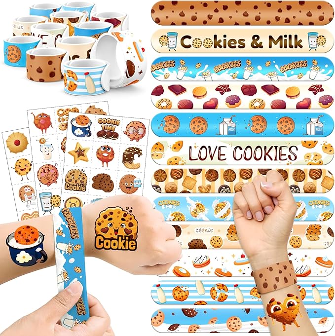 60 PCS Cookie Party Favors Set - 36 Temporary Tattoos & 24 Slap Bracelets for Kids, Perfect for Cookie-Themed Birthday Supplies, Baby Shower and Sweet Party Decorations