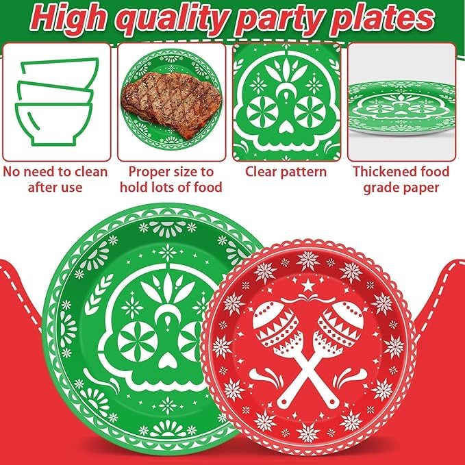 96 Pcs Mexican Fiesta Tableware 5 De Mayo Party Supplies for 24 Guests Mexican Papel Picado Disposable Plates Napkins for Party Decorations Fiesta Taco Carnival Birthday Baby Shower Favors