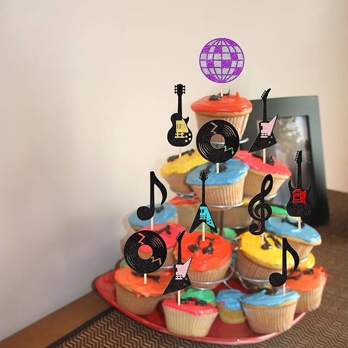 24 PCS Music Notes Cupcake Toppers Glitter Guitar Rock Cupcake Picks Disco Ball Music Cupcake Decorations for Musician Rock and Roll Theme Baby Shower Kids Birthday Party Cake Decorations Supplies
