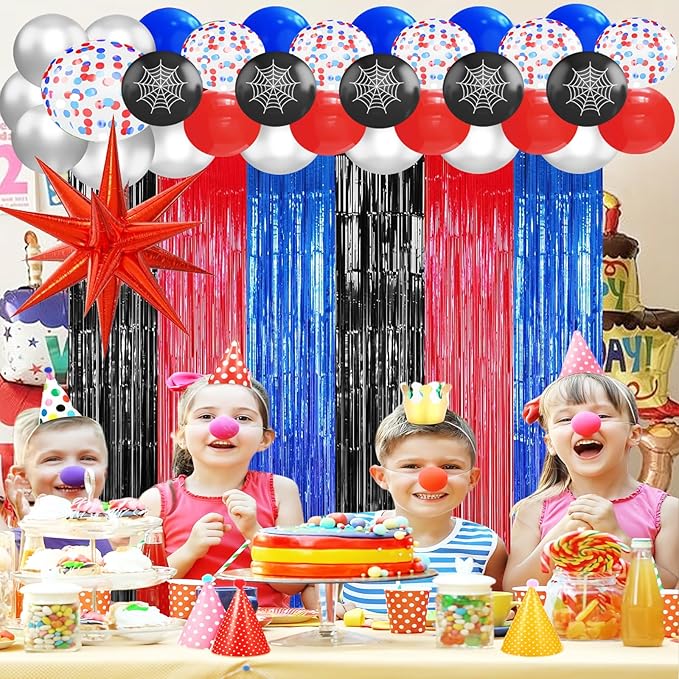 23Pcs Anime Spider Birthday Decorations, Red Black Blue 3.3x8.2ft Tinsel Foil Fringe Curtains Banners and Cobweb Balloons for Spider Theme Birthday Party Decorations Boys and Girls Party Supplies