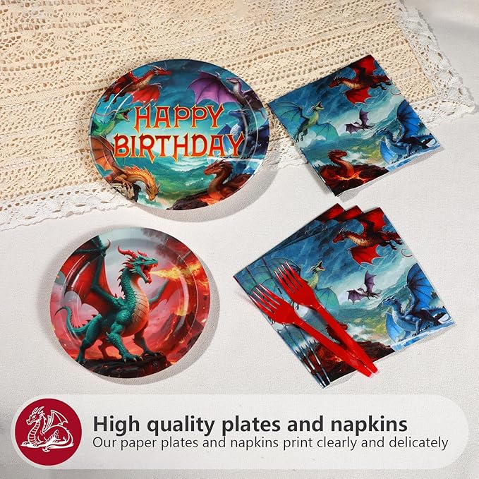 Grencian 96Pcs Dragon Birthday Party Supplies - Red Fire Dragon Party Plates and Napkins Disposable Dragons Theme Dessert Tableware Set for Kids Boys Fantasy Birthday Supplies Serves 24