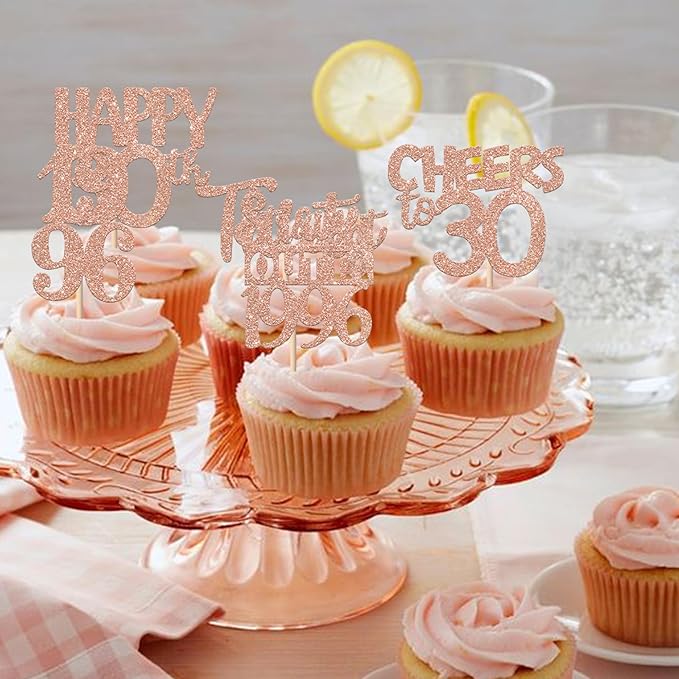 30PCS 30th Birthday Cupcake Toppers Glitter Thirty Happy 30 Straight Outta 1996 Cupcake Picks for Cheers to 30 Years 30th Birthday Wedding Anniversary Party Decoration Supplies Rose Gold