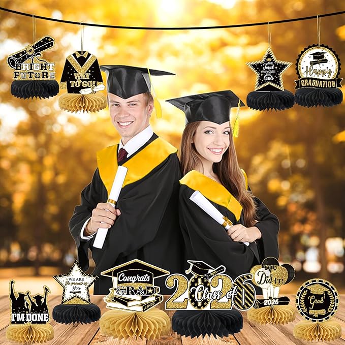 10PCS Graduation Party Decorations Class of 2026 Congrats Grad Table Centerpieces Congratulate Graduation Honeycomb Table Toppers for Graduation Party Supplies(Black Gold)