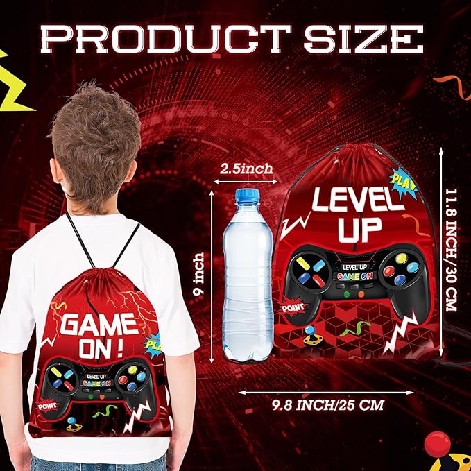 Eccliy 20 Pcs Video Game Party Favor Bags Gamer Birthday Party Drawstring Bags for Kids Boys Girls 12 x 10 Inch Gaming Goodie Treat for Game on Theme Decorations Supplies(Red,Lively Style)