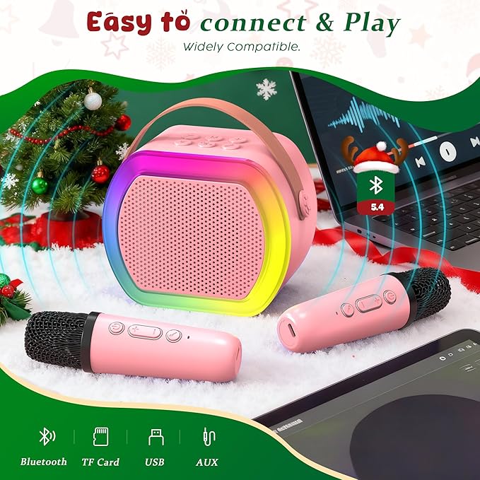 Mini Karaoke Machine with 2 Wireless Microphones, Kids Portable Karaoke Machine for 3, 4, 5, 6, 7, 8, 9, 10, 11, 12+ Year Old, Best Birthday Christmas Toy Gift-Stocking Stuffers for Girls