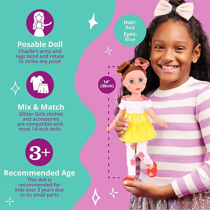 Glitter Girls – 14-Inch Fashion Doll – Blue Eyes & Red Hair – Two – Tone Dress & Ice Cream Leggings – Hair Bow & Glitter Sandals – 3+ Years– Charlie