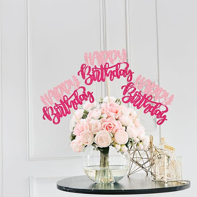 Gyufise 12Pcs Happy Birthday Centerpieces Sticks Double Sided Glitter Birthday Party Decorations Anniversary Table Flower Centerpiece for Celebrating Party Supplies Pink Rose Red