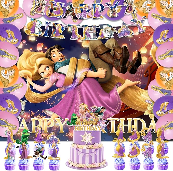 42Pack Princess Birthday Party Supplies Pack Includes，Banner，Cake Topper，Blackdrop,Balloons for party Decoration
