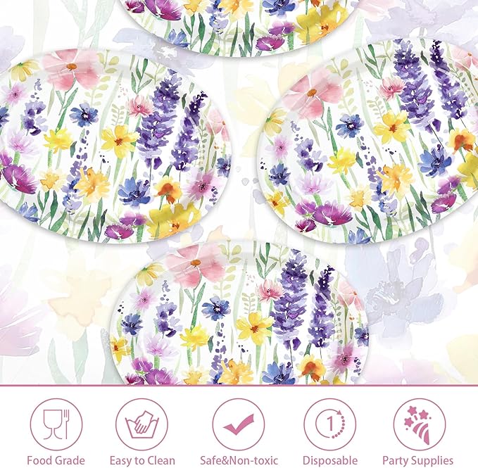 50Pcs Spring Floral Oval Paper Plates 10" x 12" Large Heavy Duty Disposable Flower Vintage Dessert Themed Plates for Spring Summer Floral Holiday Wedding Party Supplies Decorations
