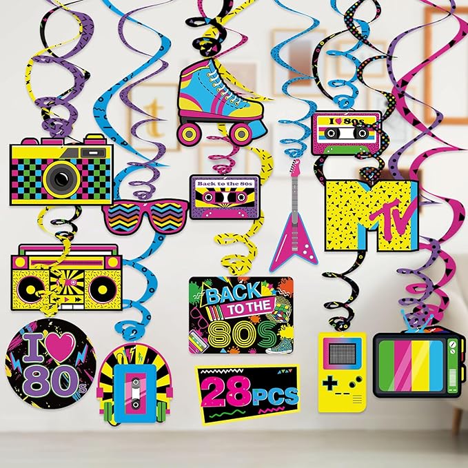 Bessmoso 28PCS 80s Party Decorations – Retro Hanging Swirls & Ceiling Streamers for 1980s Throwback Birthday, Neon Back to The 80’s Party Supplies