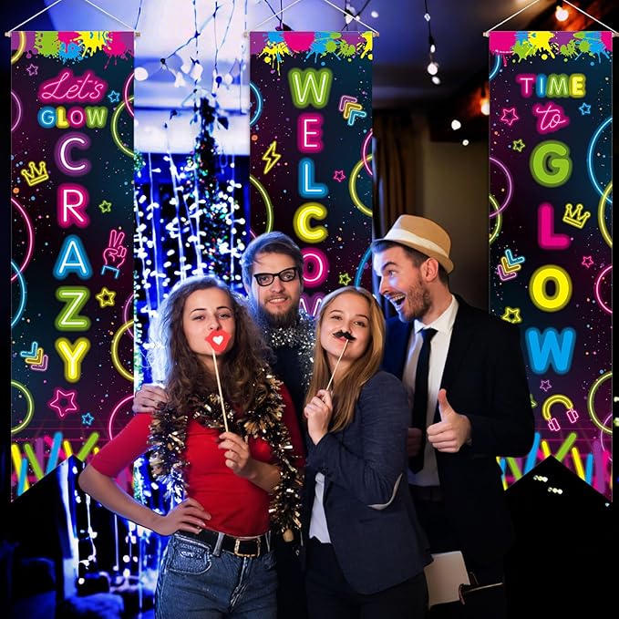 3 Pcs Neon Banner Party Decorations Let's Glow Banner Glow in the Dark Porch Sign Welcome Birthday Porch Sign for Neon Birthday Party Supplies Club Halloween Classroom Decorations