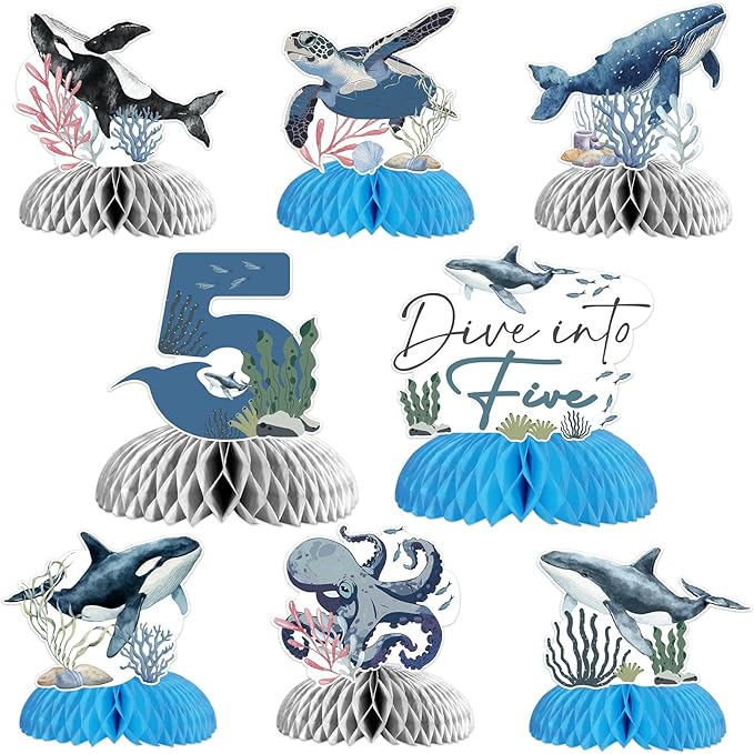 8Pcs Dive Into Five Honeycomb Centerpieces for Boys, 5th Birthday Ocean Themed Under The Sea Table Toppers Five Years Old Party Supplies