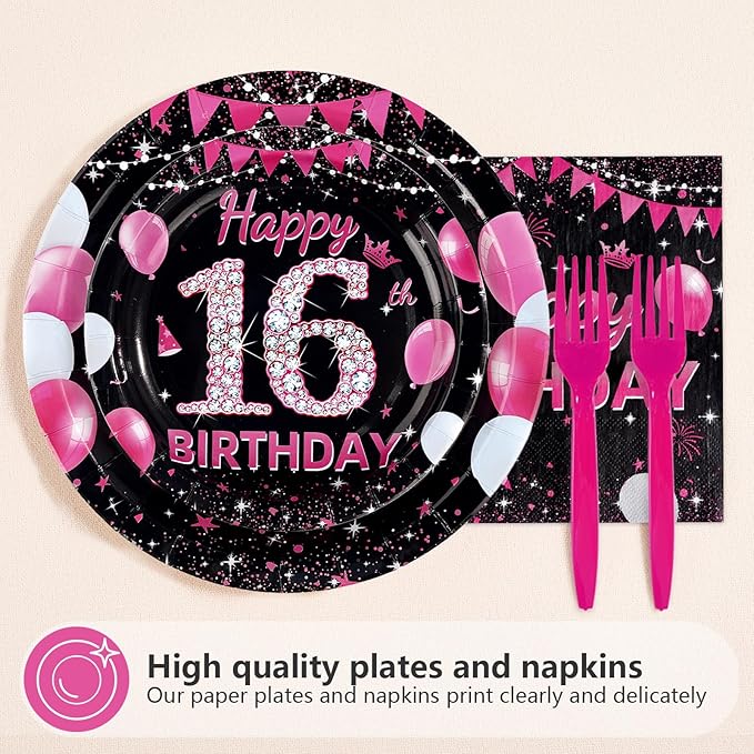 96Pcs 16th Birthday Party Supplies Black and Hot Pink Plates Forks and Napkins Diamond Sweet Sixteen Disposable Paper Tableware Set for Girls 16 Years Old Birthday Party Supplies Serves 24