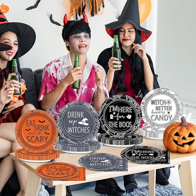 96 Pcs Halloween Party Decorations Halloween Paper Plates and Napkins Halloween Party Supplies Drink up Witches Hat Little Scary Spiderweb Boo Tableware Set for Halloween Disposable Decorations