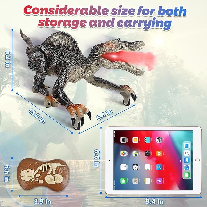 TALGIC- Remote Control Dinosaur Robot - Realistic Walking, Roaring, and Spraying Spinosaurus Toys - Light up and Shaking Head and Tail Robot Dinosaur for Kids Ages 3+