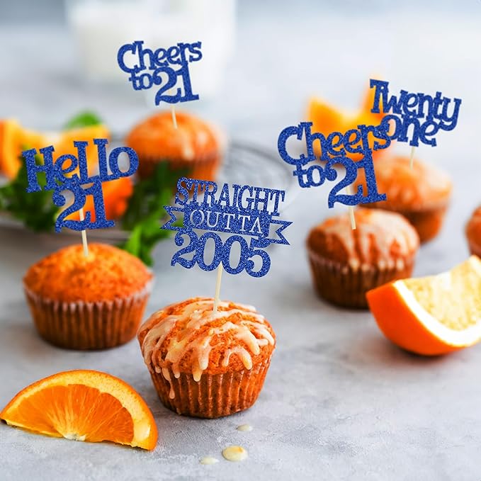 Ephlyn 24Pcs 21st Birthday Cupcake Toppers Glitter Straight Outta 2005 Cupcake Picks Hello 21 Cheers to 21 Years Cake Decorations for 21st Birthday Anniversary Party Decorations Supplies Blue