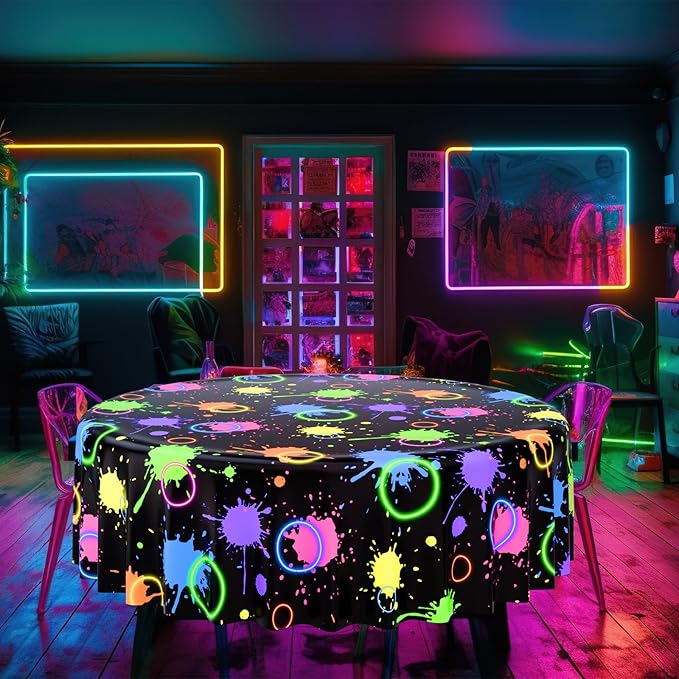 Oudain 12 Pcs Neon Party Table Cloths for Parties 84" Round Disposable Plastic Table Covers for Birthday Baby Shower 80s 90s Party Supplies Decor (Black)