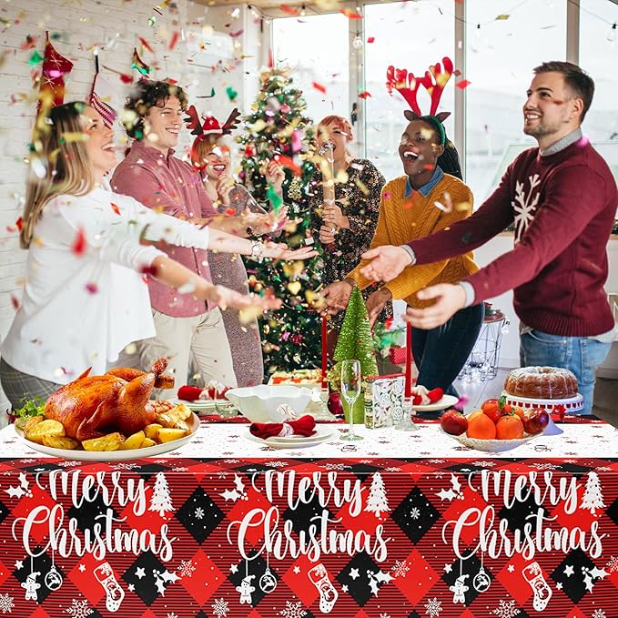 3Pcs Christmas Buffalo Plaid Snowflake Tablecloth, 51 x 86 Inch Red and Black Checkered Plastic Table Cover for Winter Holiday, New Year, Christmas Party Decorations