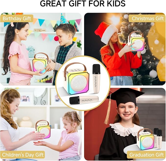 Mini Karaoke Machine for Kids and Adults,Portable Bluetooth Karaoke Speaker with 2 Wireless Microphones, Kids Karaoke Machine for Home Party,Birthday Gifts for Girls Boys（Beige）