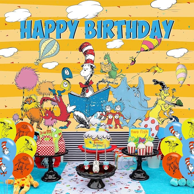 Seuss Cat Birthday Party Decoration,Photo Background 5 x 3 FT, 18 Pcs Balloons,Dr Cat Merch Party Backdrop Supplies