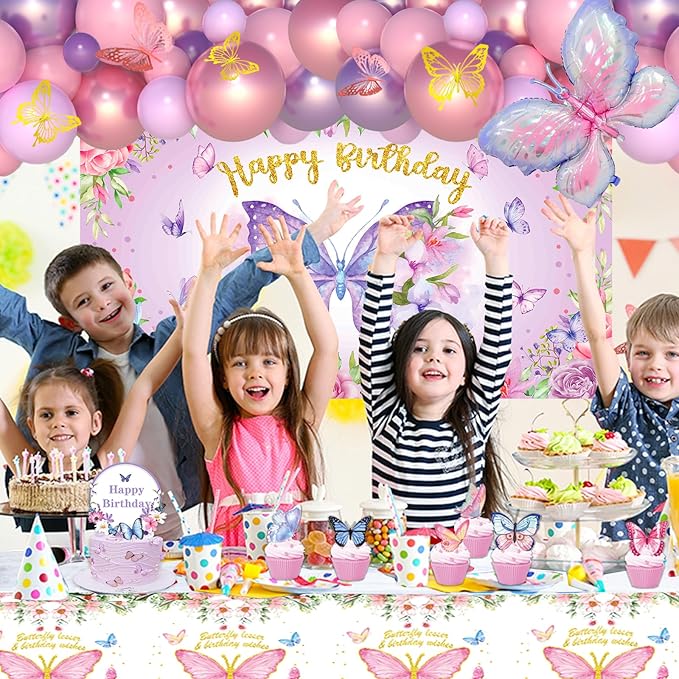 138PCS Butterfly Birthday Decorations for Girls, Butterfly Party Supplies Include Balloon Arch Butterfly Backdrop Foil Balloon 3D Butterfly Wall Decors Tablecloth Cake Topper Tassle