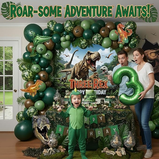 T-Rex Dinosaur Birthday Decorations include Hunter Green Brown Gold balloon arch & small Dino Foil balloons & banner backdrop & footprint stickers for Kids Boys Jungle Safari Dino 3rd Party Supplies
