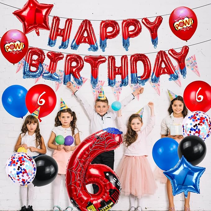 Cartoon Hero 40 Inch Red and Blue Spider Theme Number Foil Birthday Decoration Balloon, Spider Theme Happy Birthday Banner Party Decoration Balloon, Letter Logo Superhero Party Supplies (6)