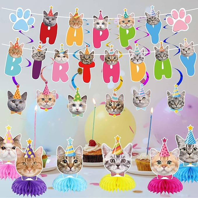 Cat Themed Birthday Decorations Cat Party Supplies, Includes 1 Birthday Banner, 6 Honeycomb Centerpieces, 6 Hanging Swirls with 6 Cutouts (Colorful Style)