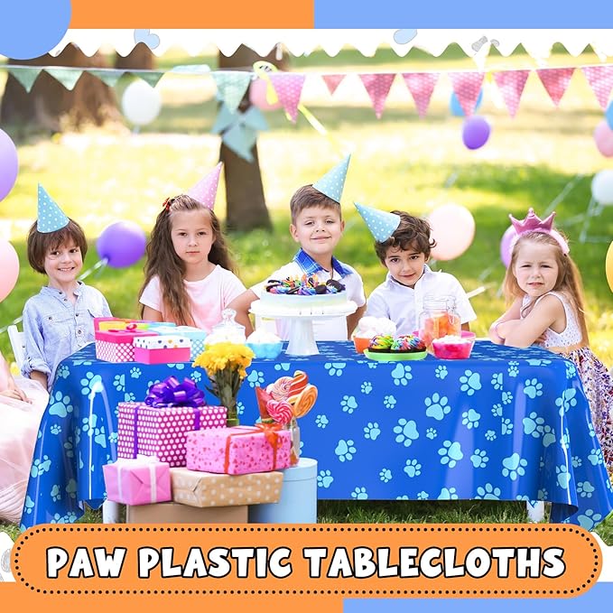 4 Pack Puppy Dog Pet Paw Print Plastic Tablecloth 54 x 108 Inches Dark Blue Orange Table Cover Paw Print Disposable Rectangle Table Cover for Pet Blue Dog Birthday Party Supplies