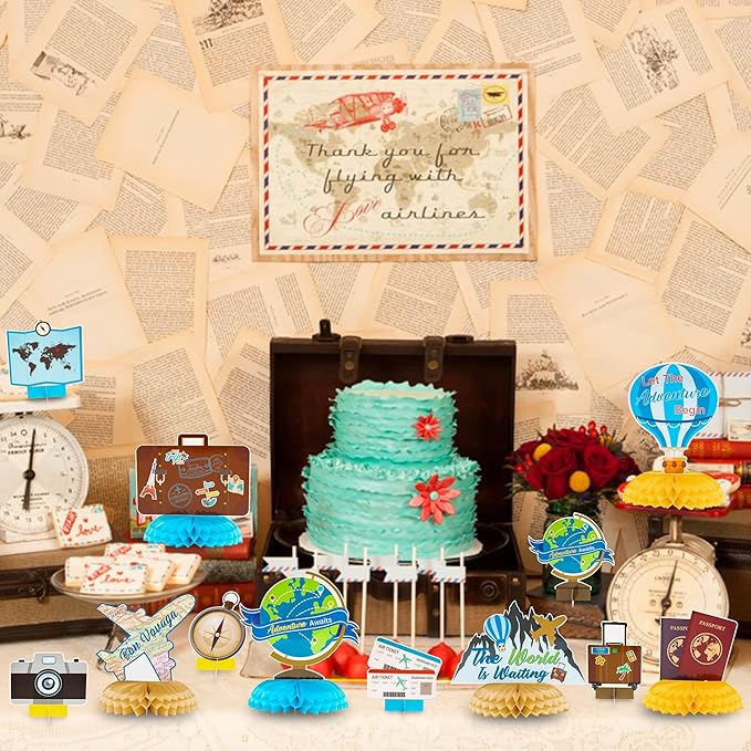 OSNIE 12Pcs Travel Themed Honeycomb Centerpieces Table Toppers Adventure Awaits Party Decor Travel Around The World Bon Voyage Table Decor Photo Props for Let The Adventure Begin Going Away Party