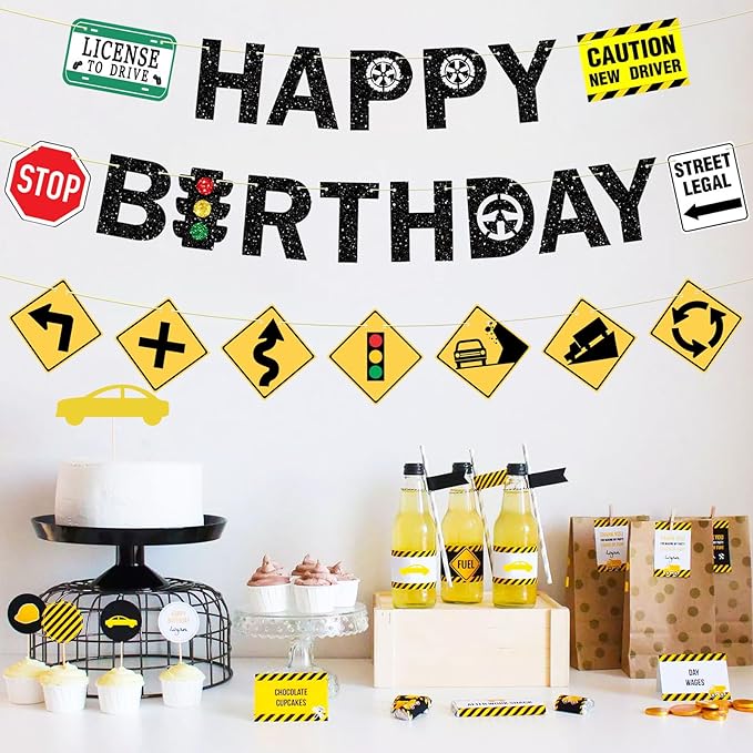Pre-Strung Driver’s License Birthday Decorations, NO DIY Glitter Happy Birthday Banner New Driver Car Road Signs, 16th 17th Learner Driver Birthday Party Supplies